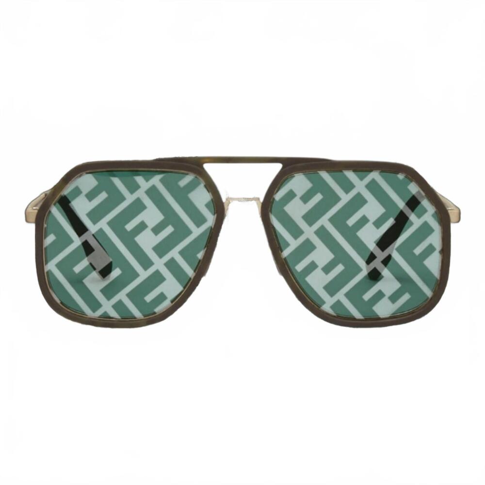 Fendi Zucca FF-Monogram Green Lens Round Aviator Sunglasses Green Havana - Picture 2 of 9